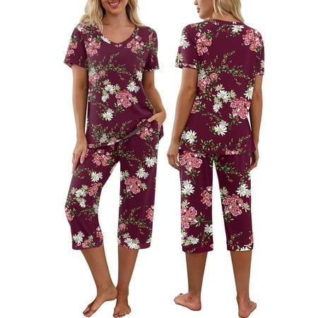 

Women s 2Pcs Pajama Set Short Sleeve V Neck T-shirt Capri Cropped Pants Sleepwear Lounge Suits