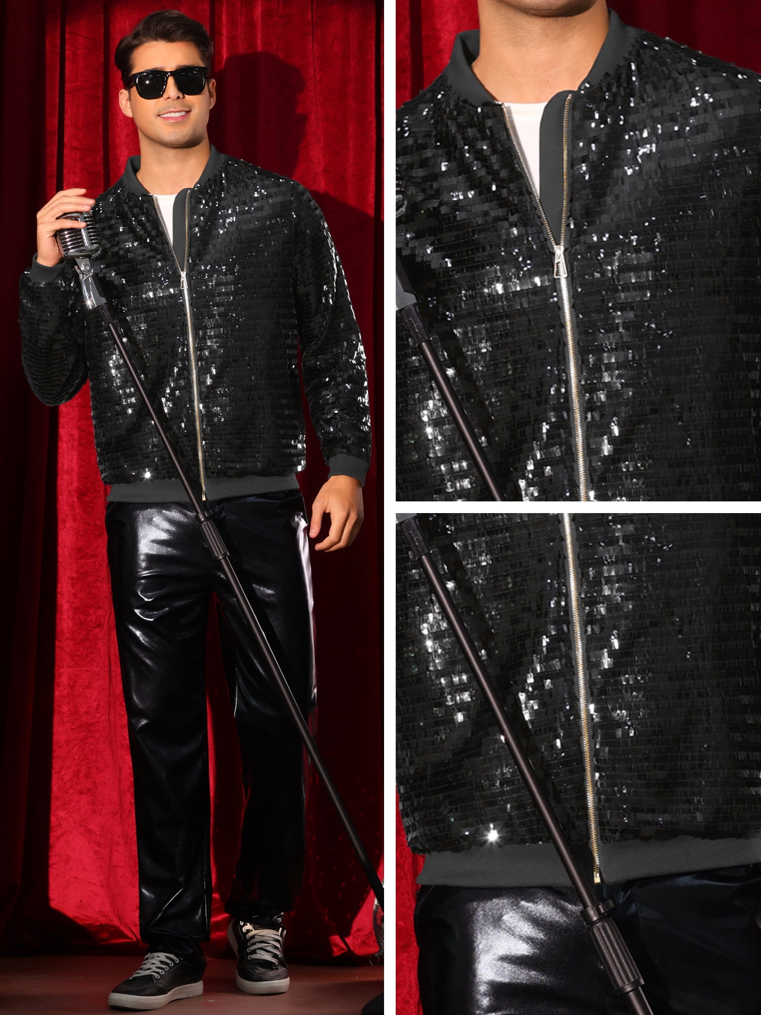 DARING DIVA Men's Sequin Varsity Zipper Disco Sparkly Shiny Bomber Jacket S Black