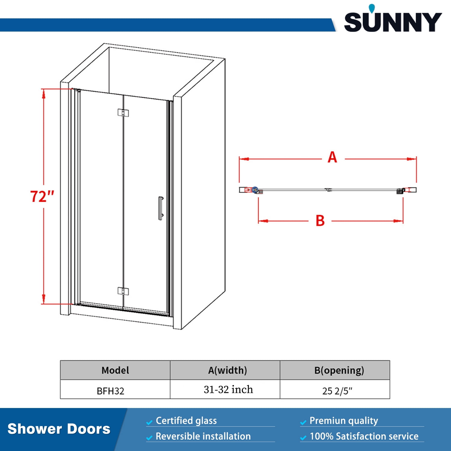 Sunny Shower 32'' W x 72'' H Pivot Swing Shower Door Polished in Chrome Finish with 3/16 in. Glass
