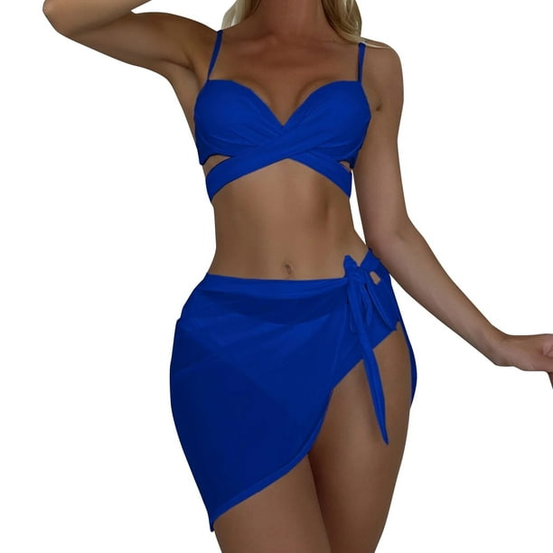 adviicd Womens 2 Piece Swimsuits Women's High Waisted Swimsuit Two Piece  Ribbed Bikini Sets Crop Top High Cut Cheeky Bathing Suits Blue,XL 