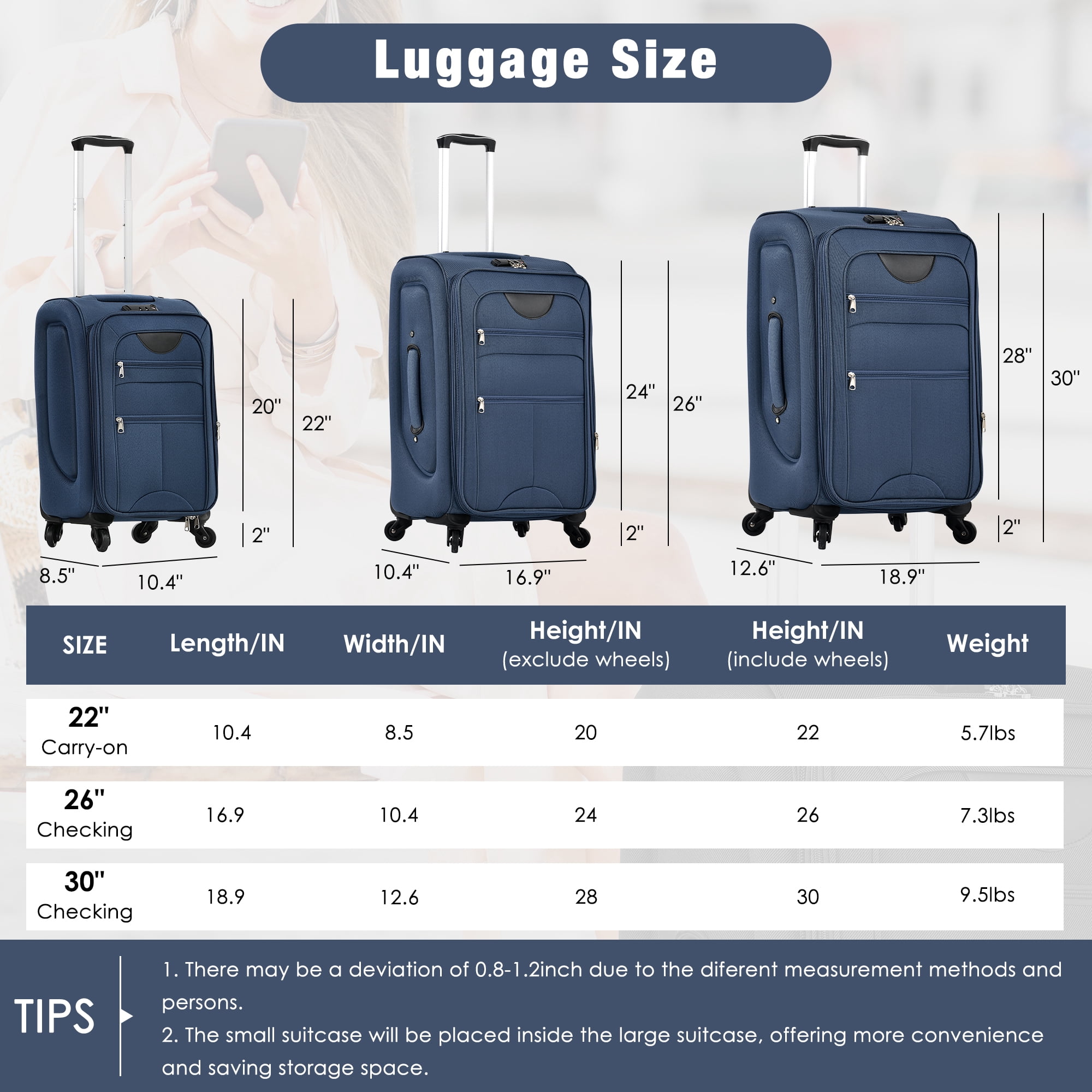 EUROCO 3 Piece Softside Luggage Set,Expandable Suitcase Set with TSA Lock and Spinner Wheels,Lightweight Suitcase for Men Women(20",24",28"),Dark Blue