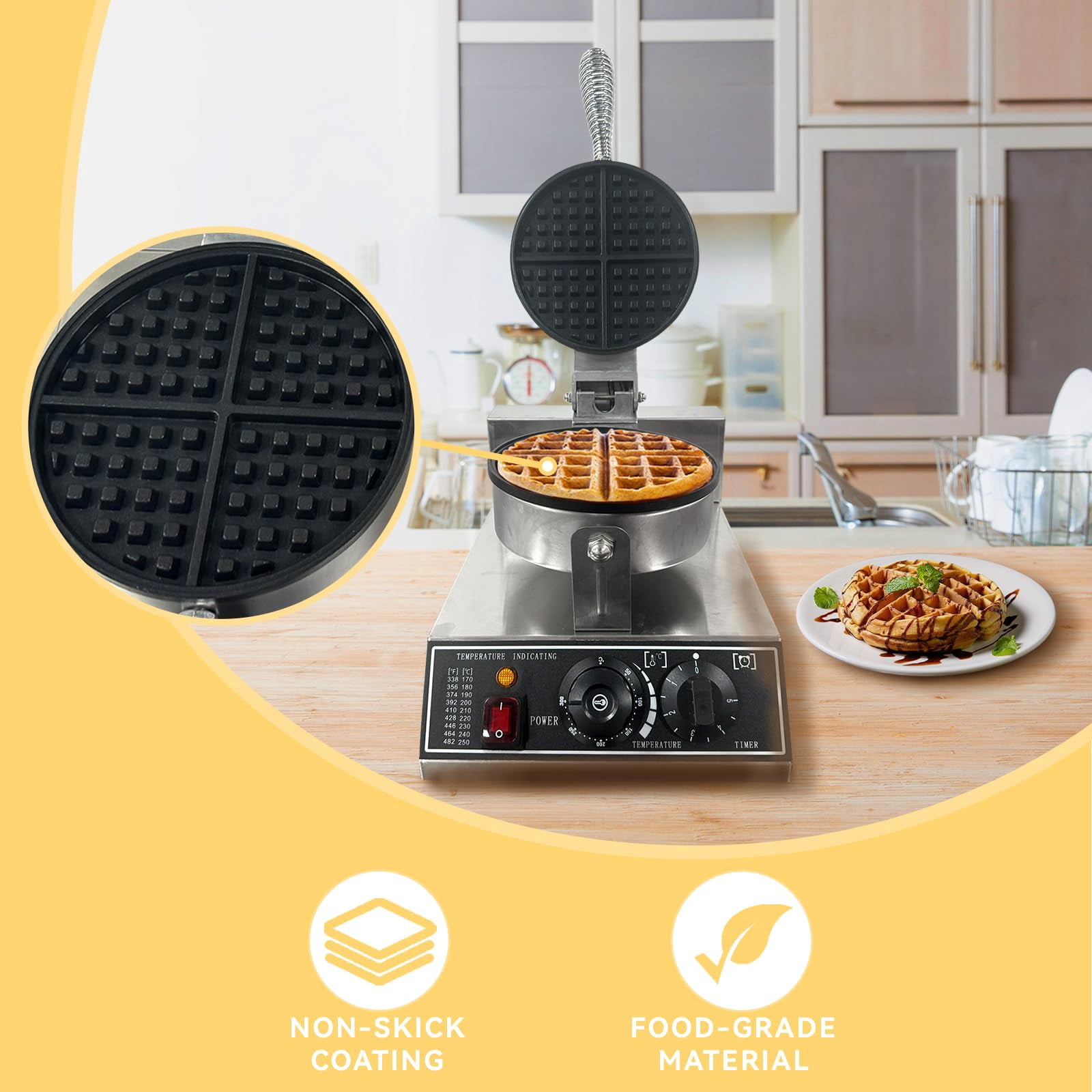 Commercial Waffle Maker Machine, 110V 1200 W Stainless Steel Nonstick Waffle Maker for Home and Restaurant