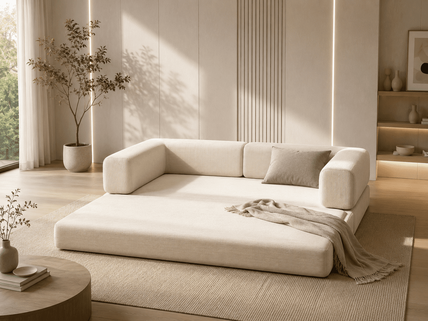 Garitin Sofa Bed and Convertible Floor Sofa 78.74 Inch, Corduroy Fabric Couch with Double Pillows for Living Room Bedroom, Ancient White