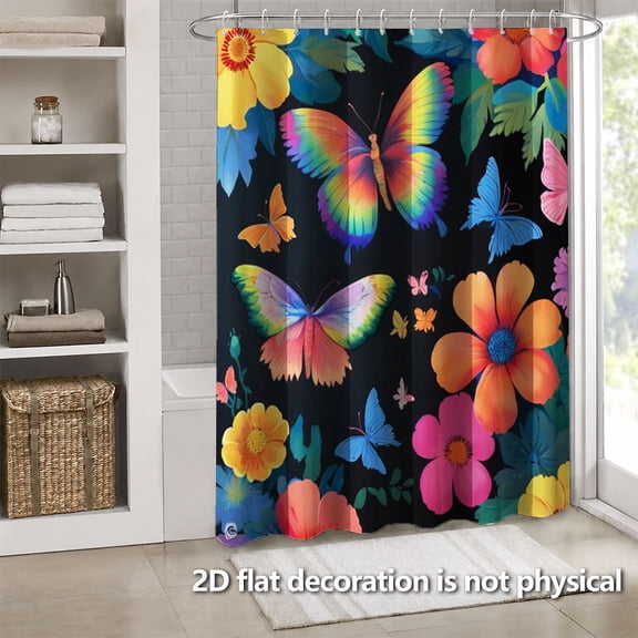Hoease Colorful Butterfly Floral Shower Curtain, 71W x 71L Inch Waterproof Fabric Bathroom Curtain with 12 Hooks, Vibrant Floral Bath Decor