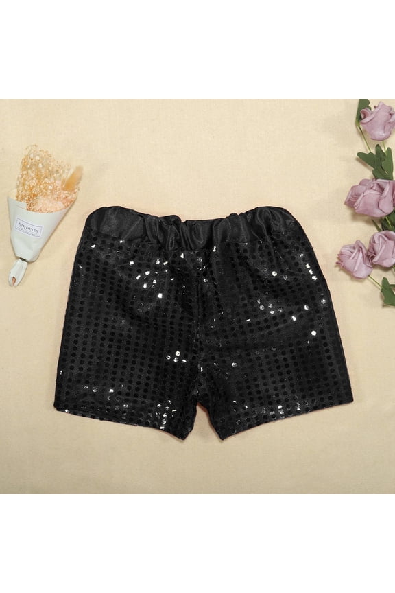 Kids' Sparkly Sequin Elastic Waist Shorts, Unisex Boys Girls Dance Performance Party Shorts, Glitter Sequin Short Pants for Carnival Halloween Birthday, Kid-Safe Comfort Fit Ages 2-14
