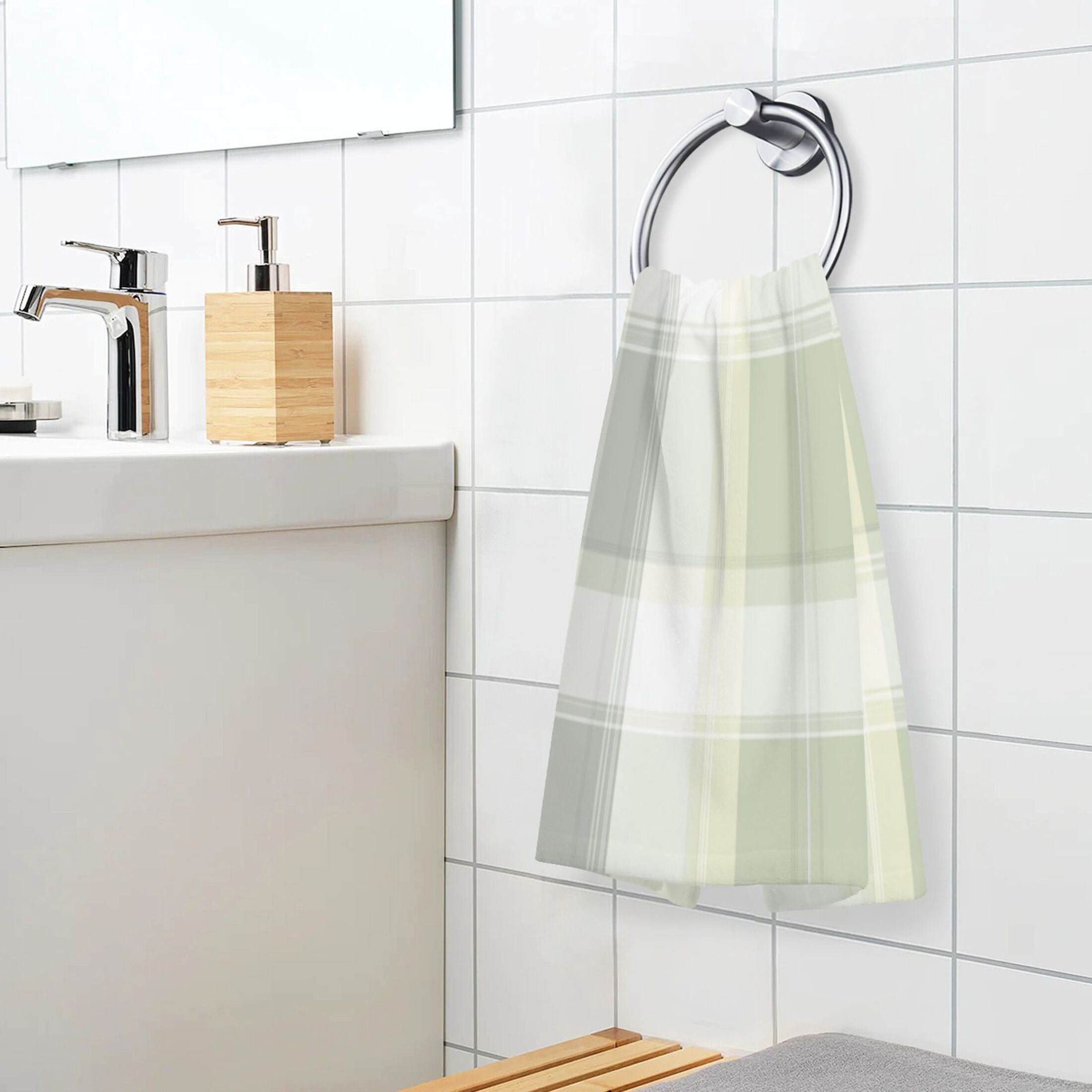 2 Pcs Absorbent Face Towel Bath Hand Towels Soft Breathable Cotton Towel Set for Bathroom Kitchen Hotel Spa Decor Light Gray and Green Plaid