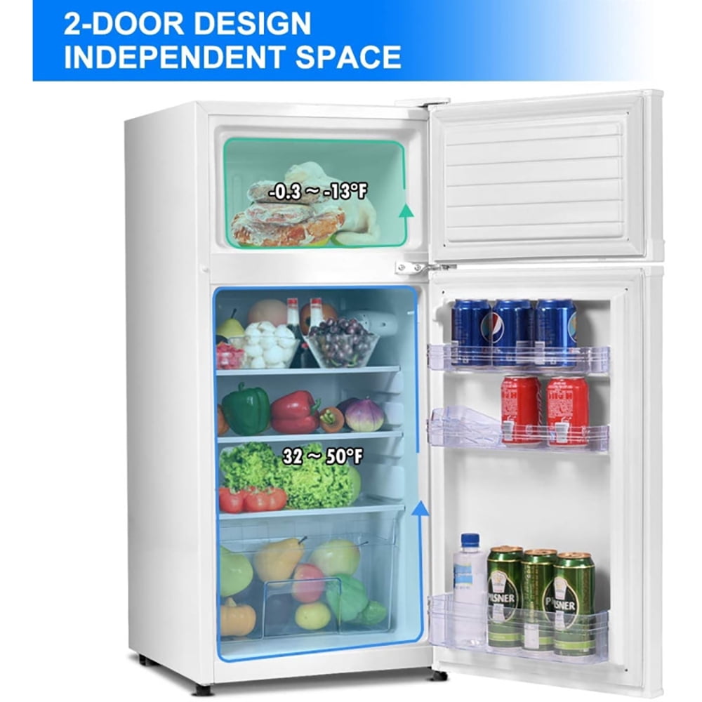 Kadyn 3.4 Cu ft Refrigerator with Adjustable Thermostat, 2 Doors Cold-rolled Sheet Compact Refrigerator with Freezer, Stainless Steel, Glass, White