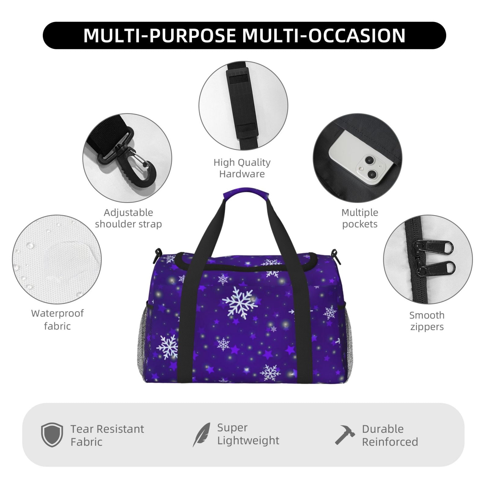 Fuzoiu Dark Purple Snowflakes Print Travel Duffle Bag,Carry On Tote Bags,Duffel Bag,Sport Gym Bag, Hospital Bag for Labor and Delivery, Overnight Bag,Luggage Bag