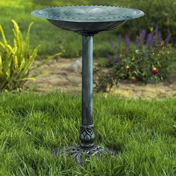 30 Inch Solar Powered LED Lighted Birdbath with Planter Bowl for Outdoors Yard Outside Outdoor Garden Decoration Pedestal Base Stand - Verdigris Green Polyresin Solar Bird Bath with Planter