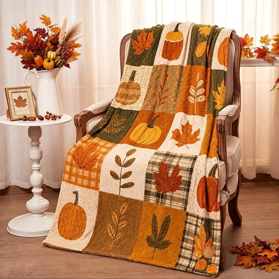 Fall Throw Blanket, Flannel, Pumpkin, Maple Leaves, 50x60 Inch | Autumn Checkered Blanket, Orange Soft Fuzzy Cozy Throw, for Fall Halloween Gifts Couch Bedroom Sofa Travel Bed