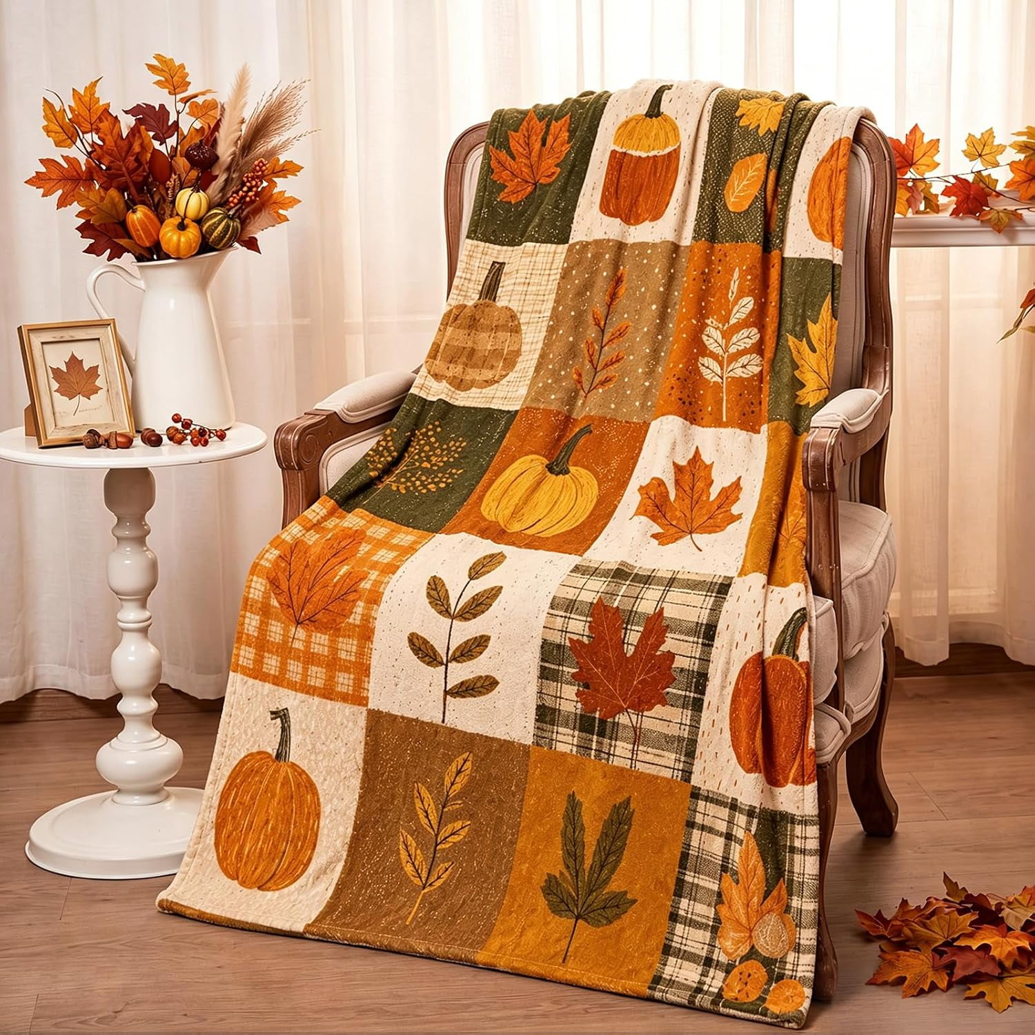 Fall Flannel Blanket Throw Autumn Checkered Blanket Orange Maple Leaves Pumpkin Soft Fuzzy Cozy Throw for Fall Gifts Couch Bedroom Sofa Travel Bed, 50x60 Inches
