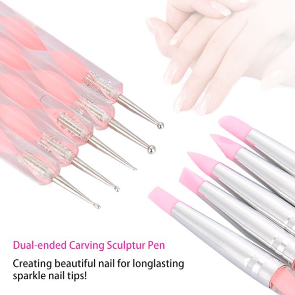 Lot de 5 stylos de sculpture à double extrémité pour manucure, outil de nail art avec tête en silicone, pour créer des pointes d'ongles étincelantes de longue durée