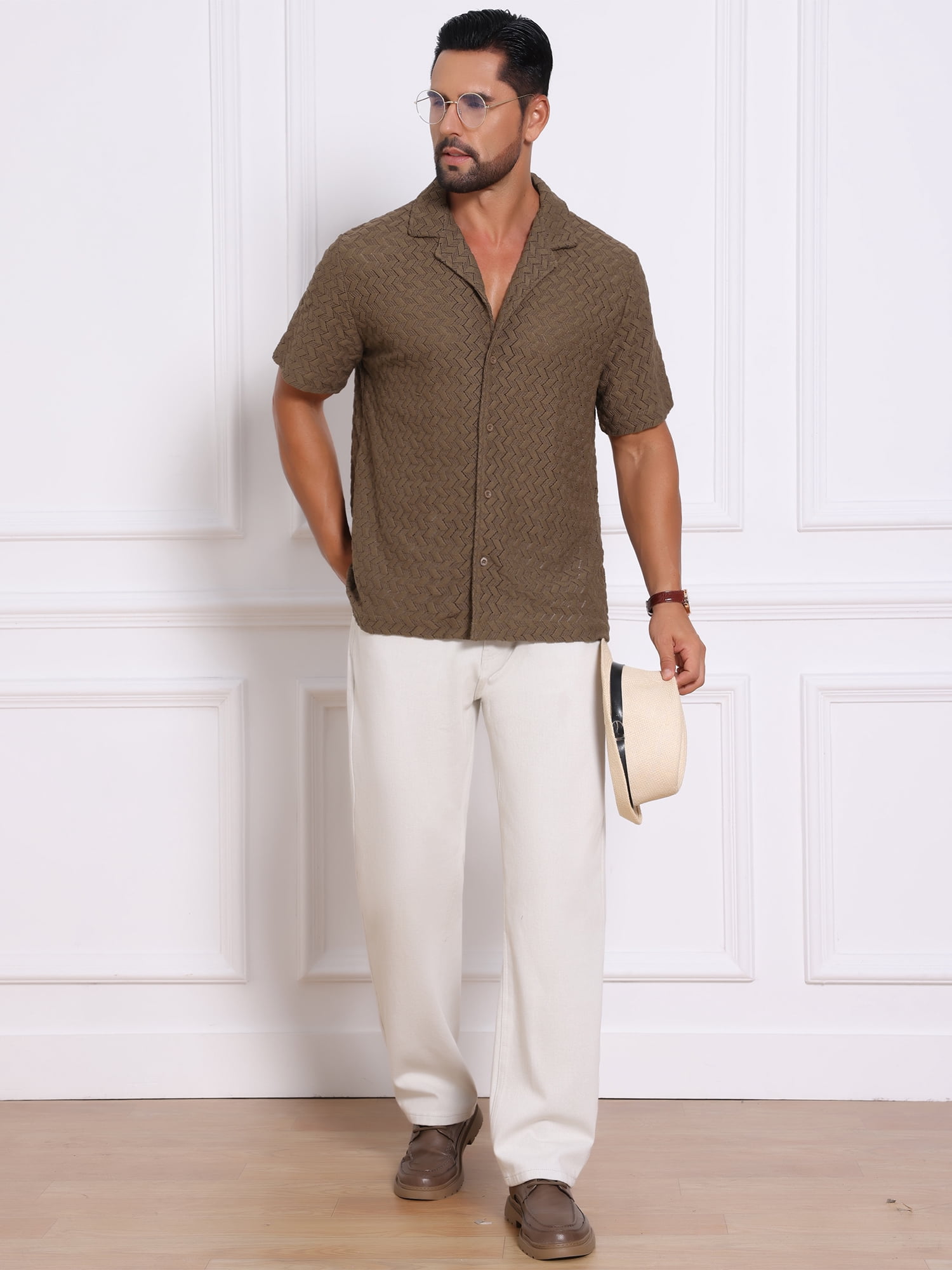 DARING DIVA Men's Hollow Jacquard Camp Collar Short Sleeve Beach Texture Shirts 2XL Brown