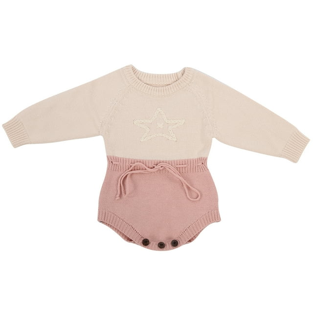 Ropa de bebé Mameluco infantil de algodón Monos Body de manga larga con estrella encantadora para niñas Rosa beige 80 cm
