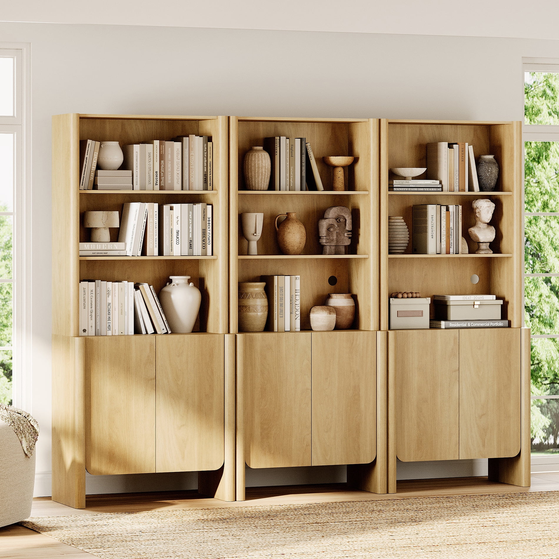 94.5-Inch Modern French Bookcase with Curved Edges, Doors and Open Shelves, 72.8" Tall, Oak