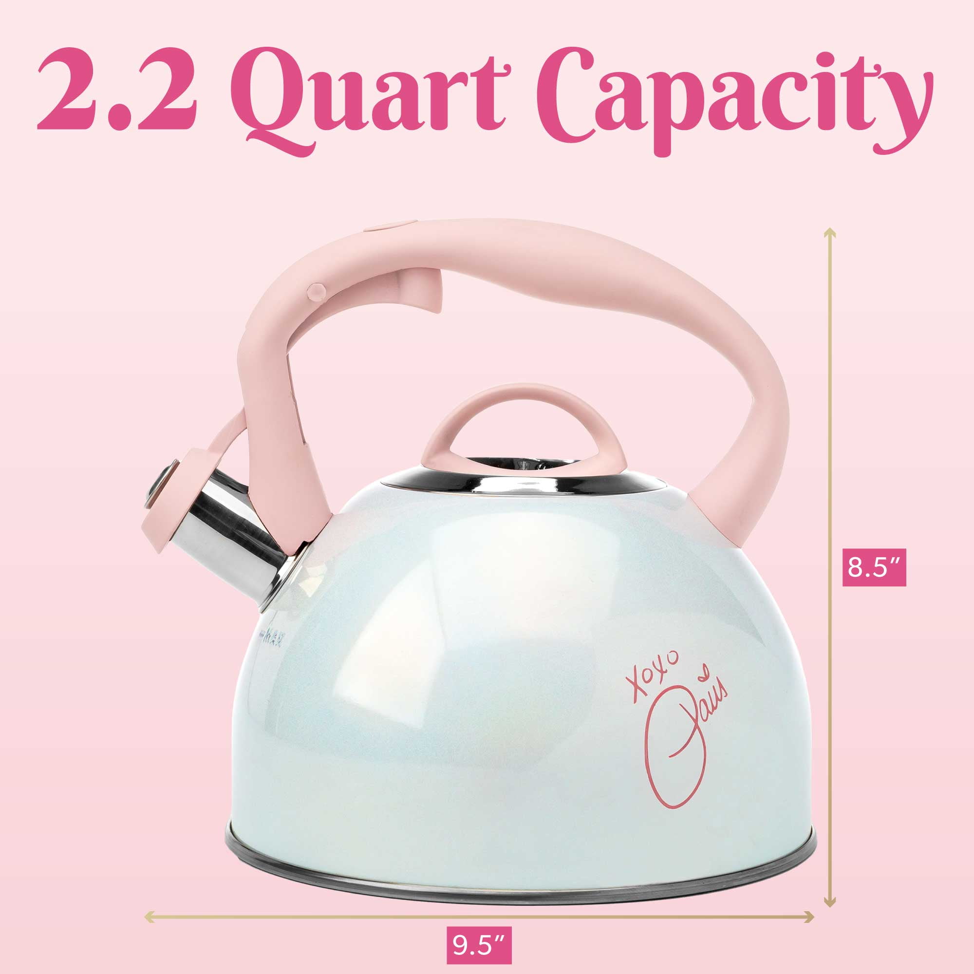 Paris Hilton Whistling Tea Kettle Stainless Steel, Shimmering Finish with  Heart Decal, 2.2-Quart, Pink