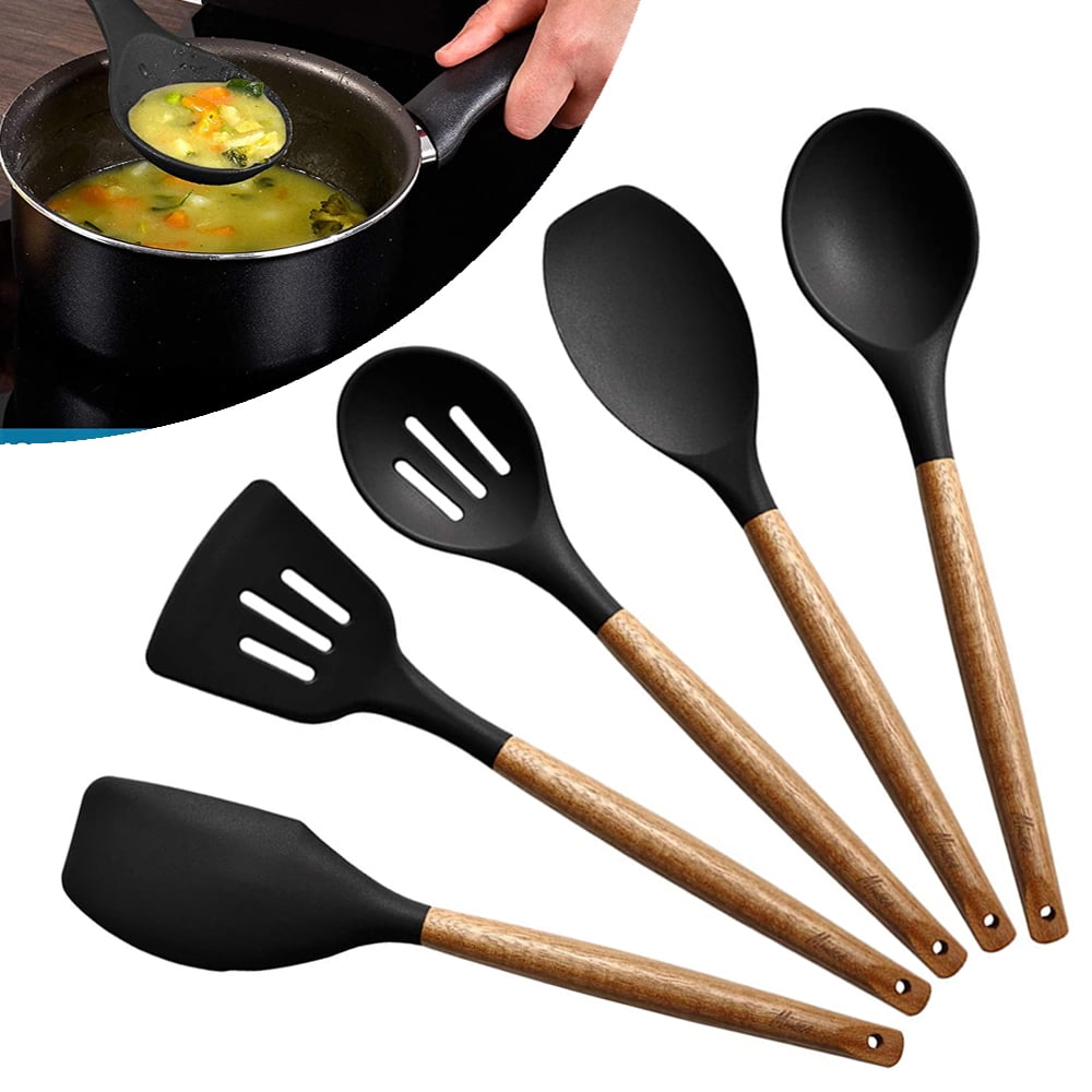 Cibeat Kitchen Silicone Utensil Set, 13 Pcs Silicone Handle Heat Resistant  Cooking Utensils BPA Free, Non-Stick Cookware with Holder, Black 