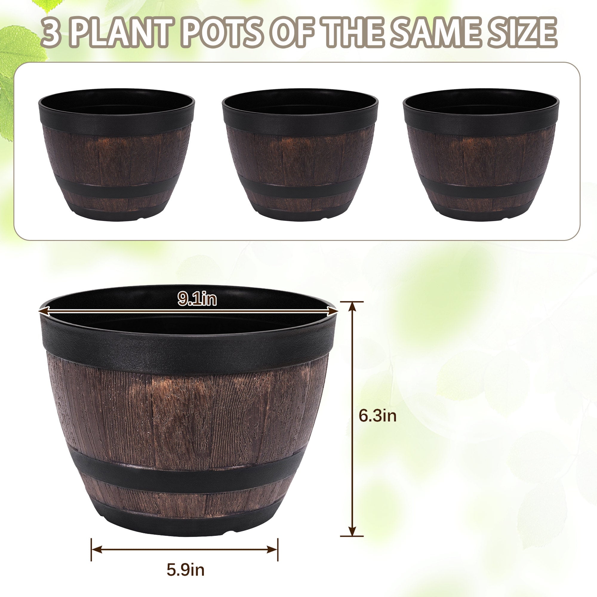 VECELO 3 Pack 9 inch Plant Pots, Whiskey Barrel Planters with Drainage Holes & Saucer, Plastic Imitation Wine Barrel Decoration Flower Pots, for Indoor & Outdoor Garden Home Plants, Brown