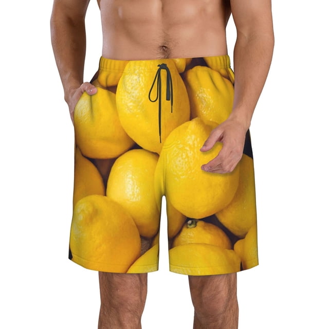 Sikiie Ripe Yellow Lemon Print Men's Beach Shorts, High Elastic Quick-drying Shorts - with Drawstring and Slip Pockets, Suitable for Beach, Sports, Vacation-X-Large