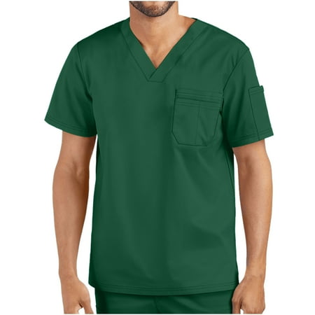 

Men s Solid Color Working Uniform Short Sleeve V-neck Scrub Tops Regular Fit Classic Workwear Blouse With Pockets