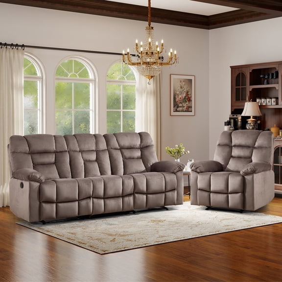 Bonzy Home Recliner Sofa Set Single Manual Recliner & 3-Seat Reclining Sofa with Wide Backrests & Headrests, Brown