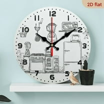 2D Flat 1pc 10Inch Wooden Wall Clock - Silent Non-Ticking Kitchen-Themed Decor with Modern Appliances Design Round Artificial Wood Battery Operated (AA Not Included) for Living Room, Bedroom