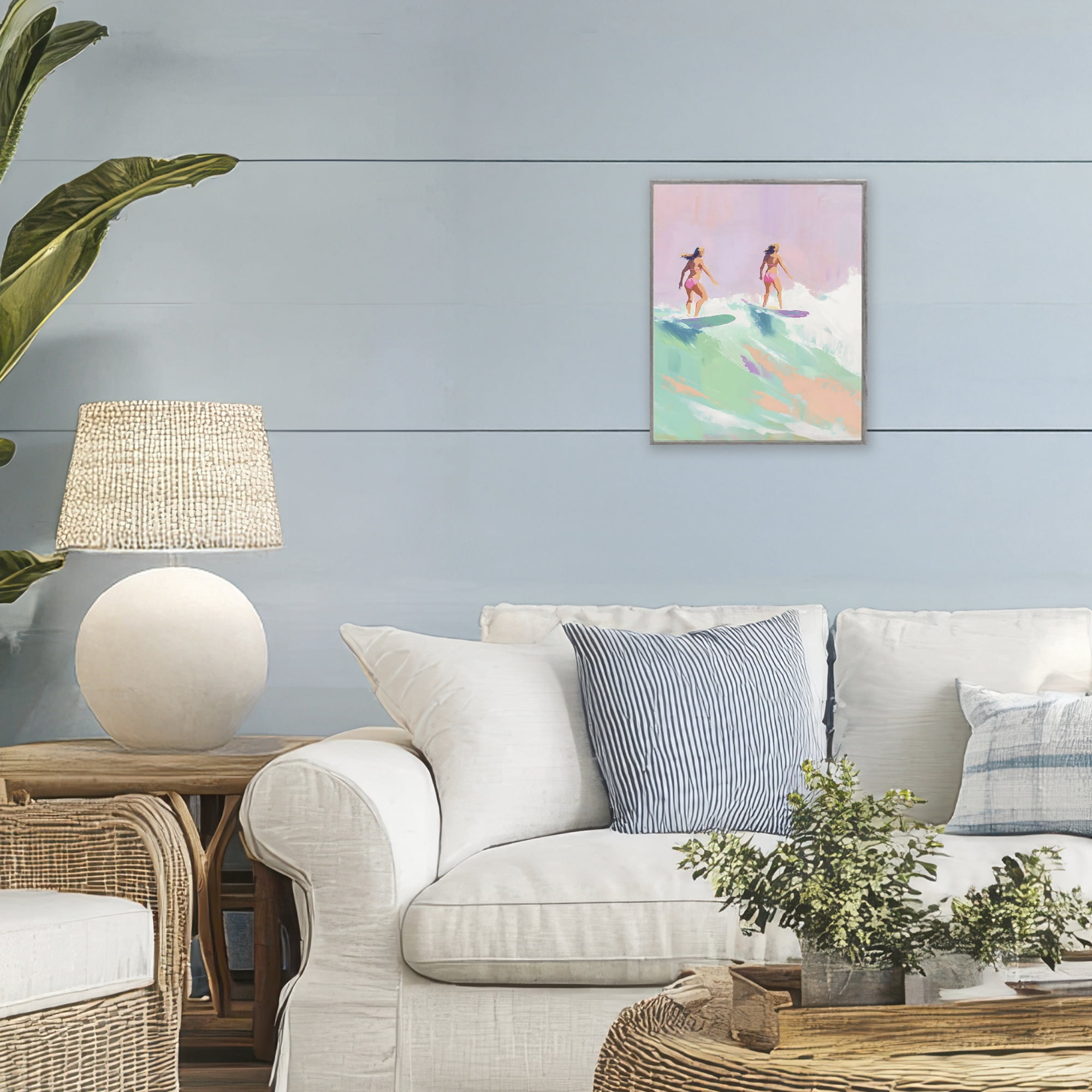 Stupell Industries Two Surfing Girls on Wave Gray Framed Giclee Art, design by The Prints Vibe