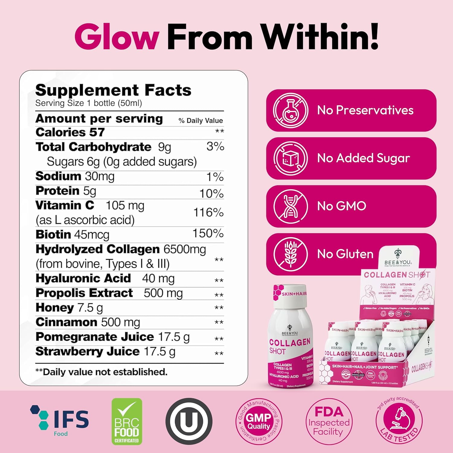 BEE and YOU Collagen Liquid Shot Drink with Vitamin C, Hyaluronic Acid, Biotin - Promotes Skin, Hair, Nail and Joint Health, 1.69 fl. Oz x 12 Bottles