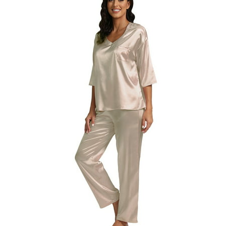 

Womens Silky Satin Pajamas Set 3/4 Sleeve T-Shirt with Long Pajama Pants Loose Fit Sleepwear Soft Loungwear Pj Set Champagne S-2XL