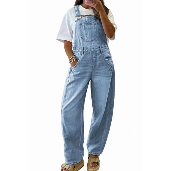 sicmoss Women's Blue Cotton Baggy Adjustable Strap Denim Bib Overalls Loose Wide Leg