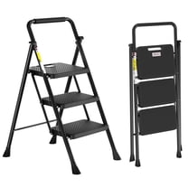 Jocauto 3 Step Ladder, Protable Steel Folding Stool with Wide Anti-Slip Pedal, 330lbs Sturdy Steel Ladder, Black