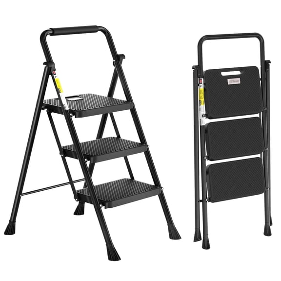 Jocauto 3 Step Ladder, Protable Steel Folding Stool with Wide Anti-Slip Pedal, 330lbs Sturdy Steel Ladder, Black