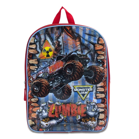 Monster Jam 15" Backpack with Padded Straps & Zip Compartment - Ideal Toddler Bookbag for School & Travel - Zombie