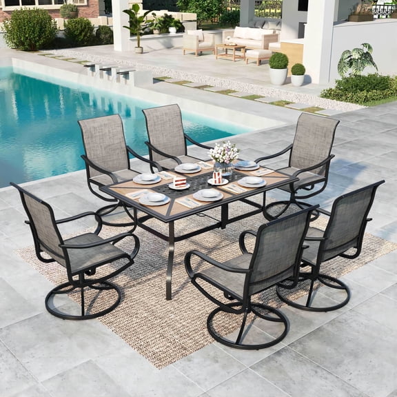 SUMMIT LIVING 7-Piece Outdoor Patio Dining Set, Patio Swivel Textilene Chairs & Wood-like Top Table with Umbrella Hole, Black & Brown-gray
