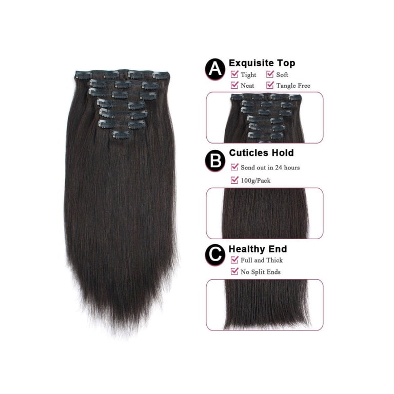 22 Inches Long Hair Clip ins Full Head Yaki Straight Jet 