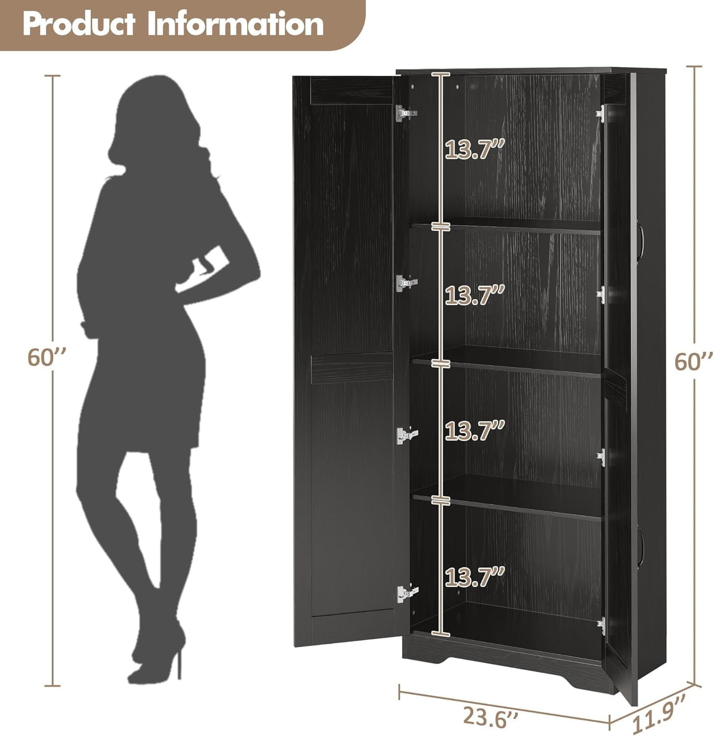 Kitchen Pantry Cabinet, Freestanding Black Pantry Storage Cabinet, 60" Cupboard, Tall Cabinet