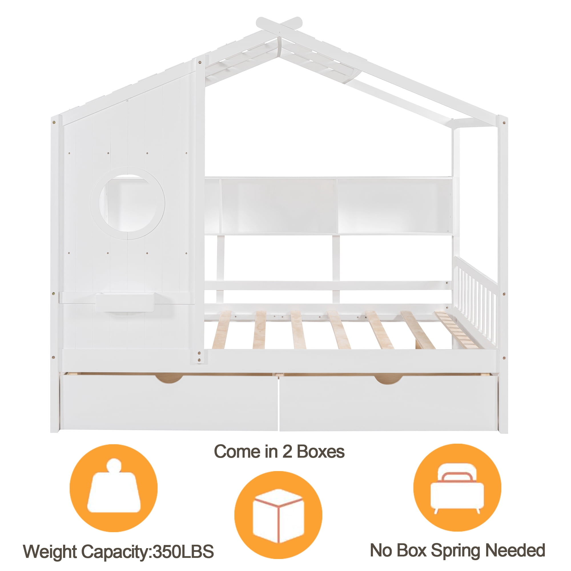 Bellemave House Bed with 2 Drawers and Storage Shelves, Wood Full Size Montessori Bed Frame with Roof and Window, Playhouse Bed for Bedroom (White)