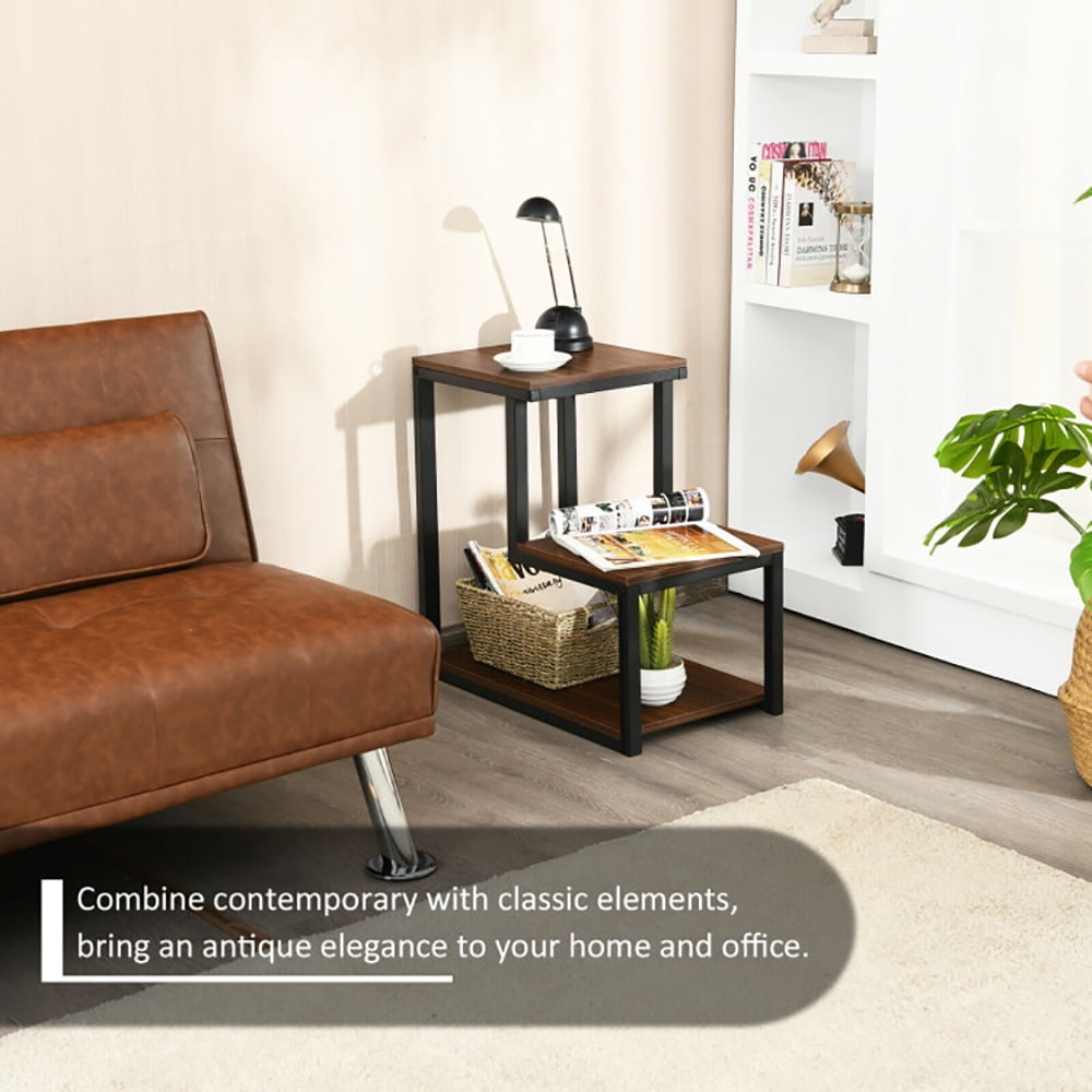 Finihen Side Table, 3-Tier Ladder-Shaped Chair Side Table with Storage Shelf, Sofa Side Table, Bed Side Table, for Living Room, Bedroom, Brown Finihen Side Table, 3-Tier Ladder-Shaped Chair Side Table with Storage Shelf, Sofa Side Table, Bed Side Table, for Living Room, Bedroom, Brown