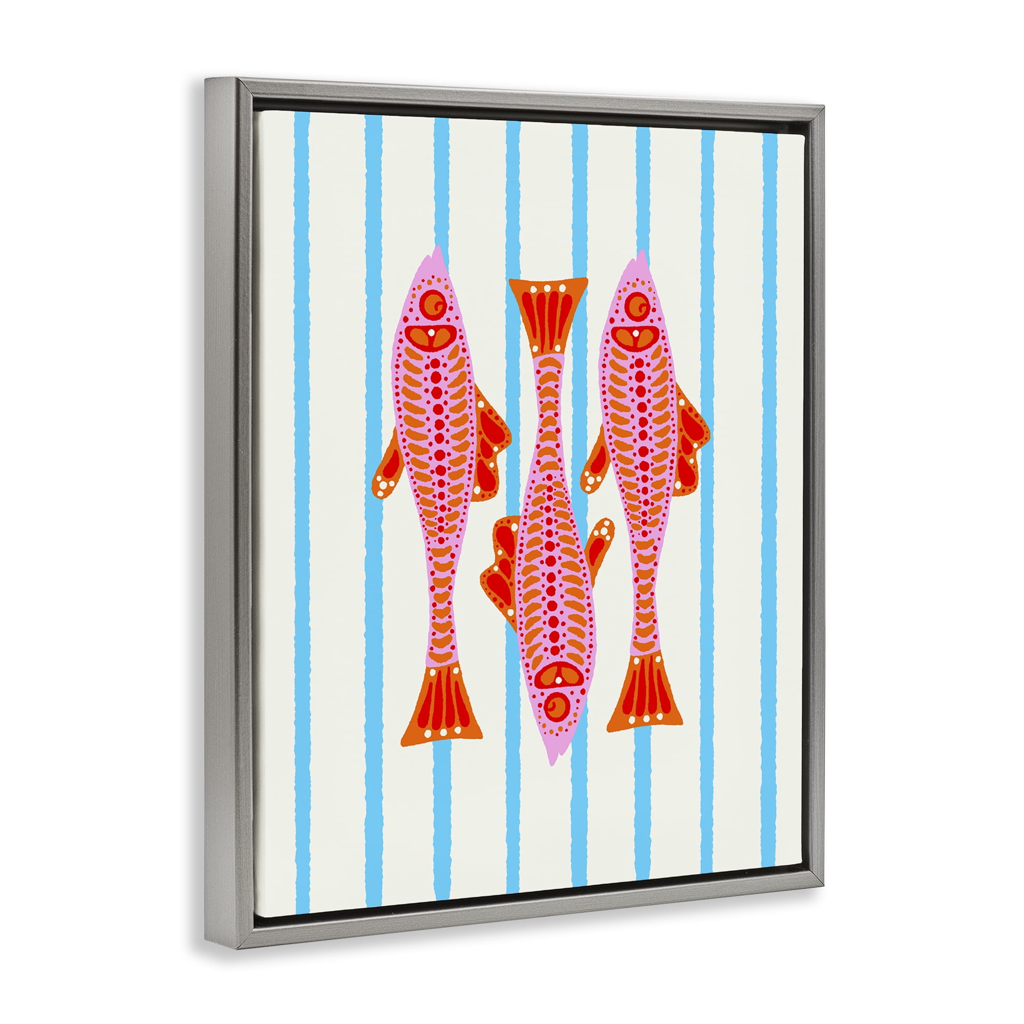 Stupell Industries Bright Aquatic Fish on Stripes Gray Framed Floater Canvas Wall Art, design by Indira Prieto | IndySign
