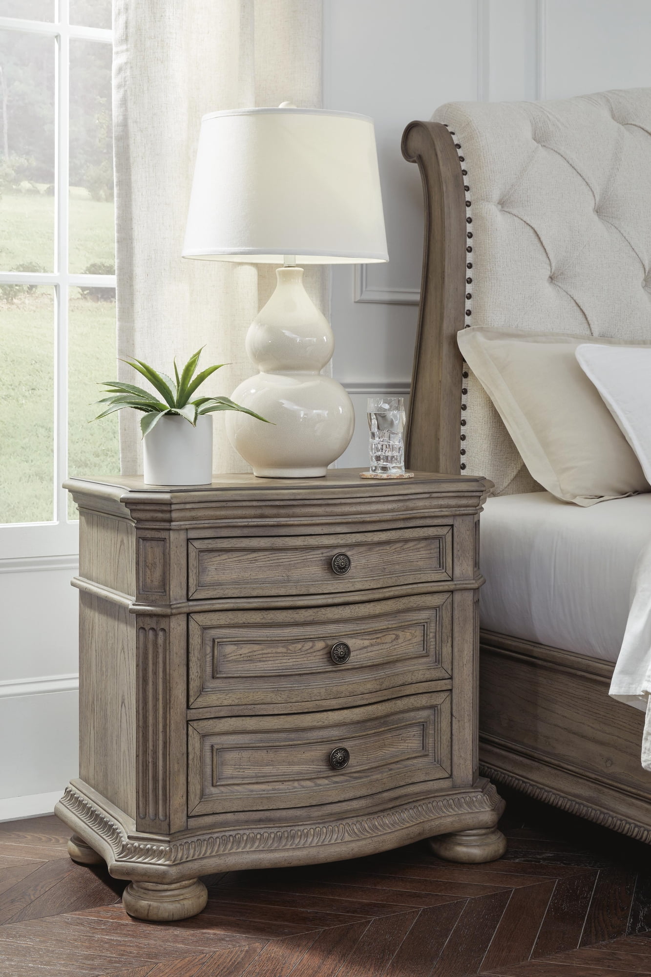 Signature Design by Ashley Ardenfield Three Drawer Night Stand with USB Ports, Light Brown