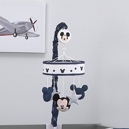 Disney Mickey Mouse Hello World Star Icon Nursery Crib Musical Mobile, Navy, White, Grey, Infant Boy