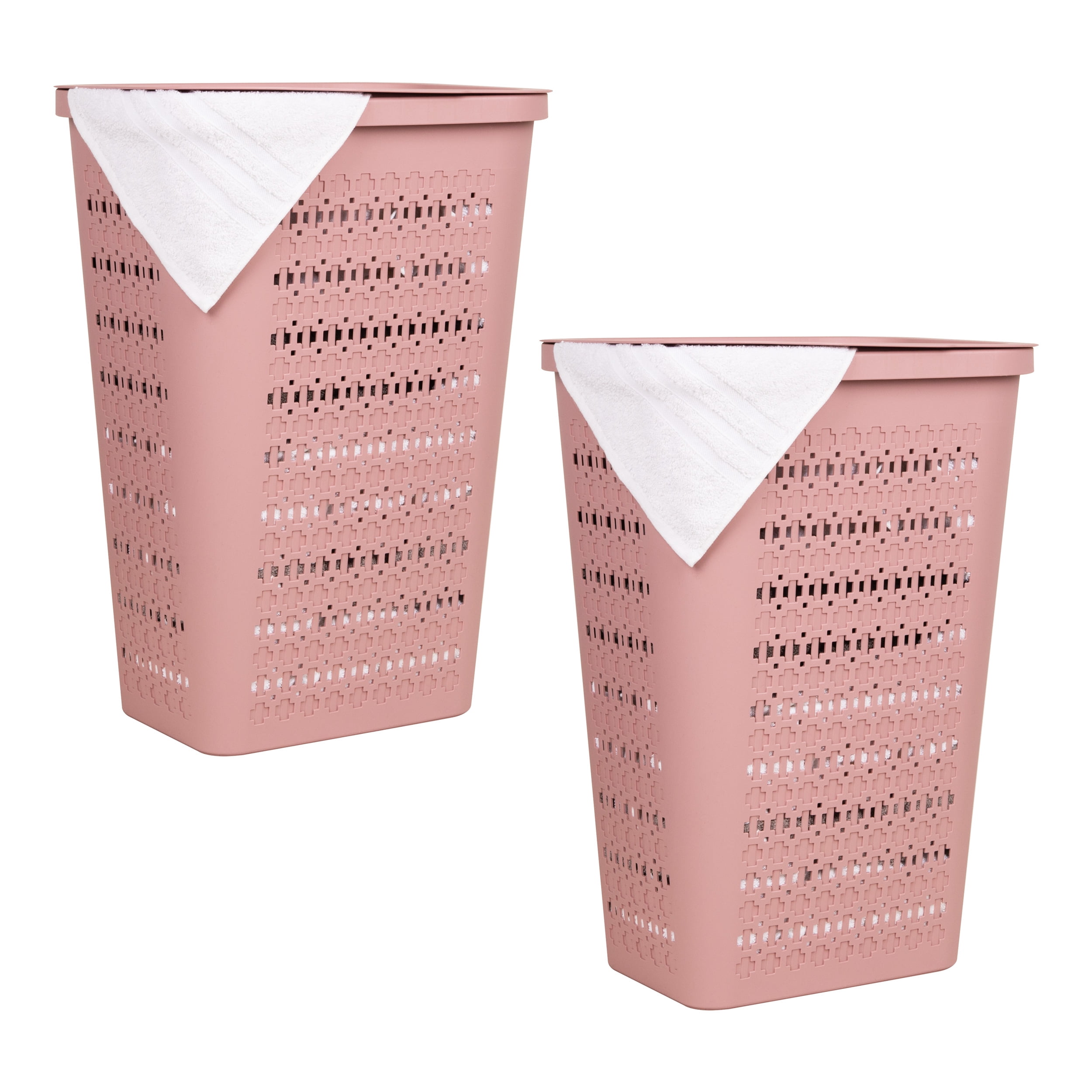 Mind Reader Slim Swiss Cross Cut-Outs Tapered Laundry Hampers with Lid, Plastic, Set of 2, Pink