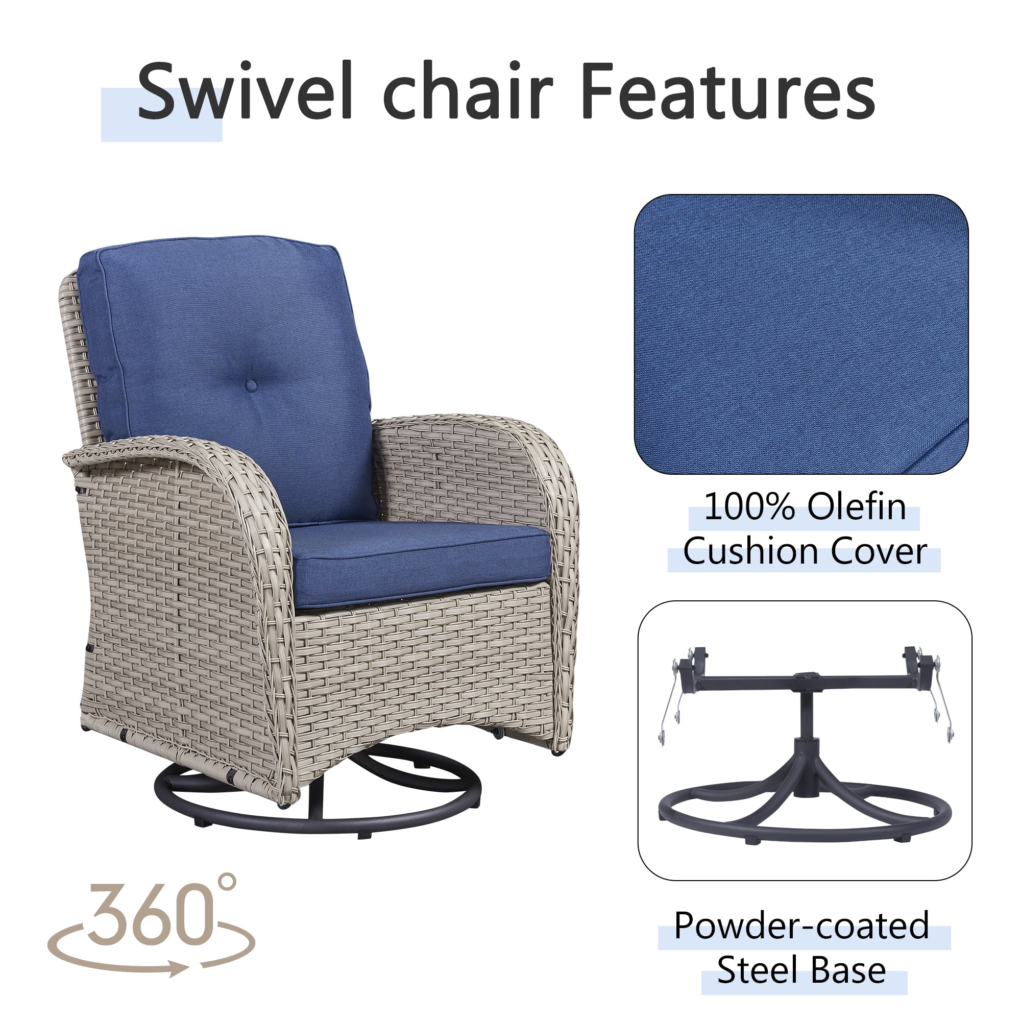 PARKWELL 3 Pieces Outdoor Swivel Gliders Rocker Set,High Back Wicker Patio Chairs with Side Table,Light Gray Rattan Deep Seating Furniture with Non-Slip Navy Cushion for Porch Deck Backyard