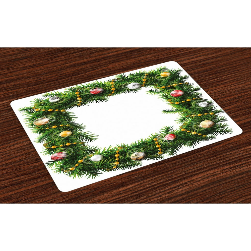 Christmas Placemats Set of 4 Square Wreath with Beads and Balls in