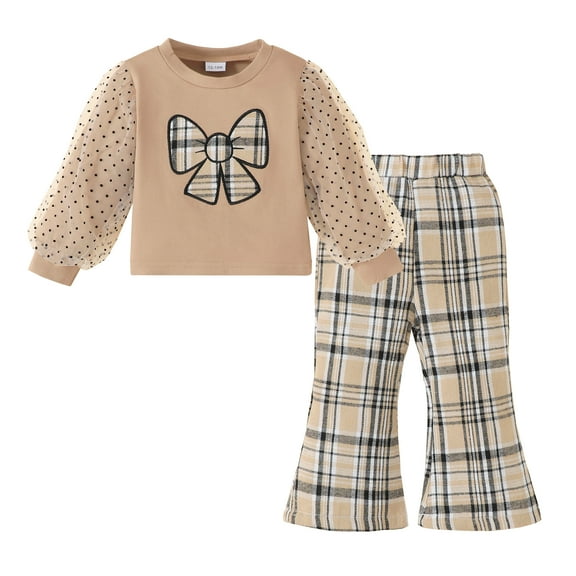 18 Months Baby Girls Clothes 24 Months Girls Pant Set Toddler Girls Long Sleeve Round Neckline Top Plaid Pants 2PCS Outfits Set Khaki