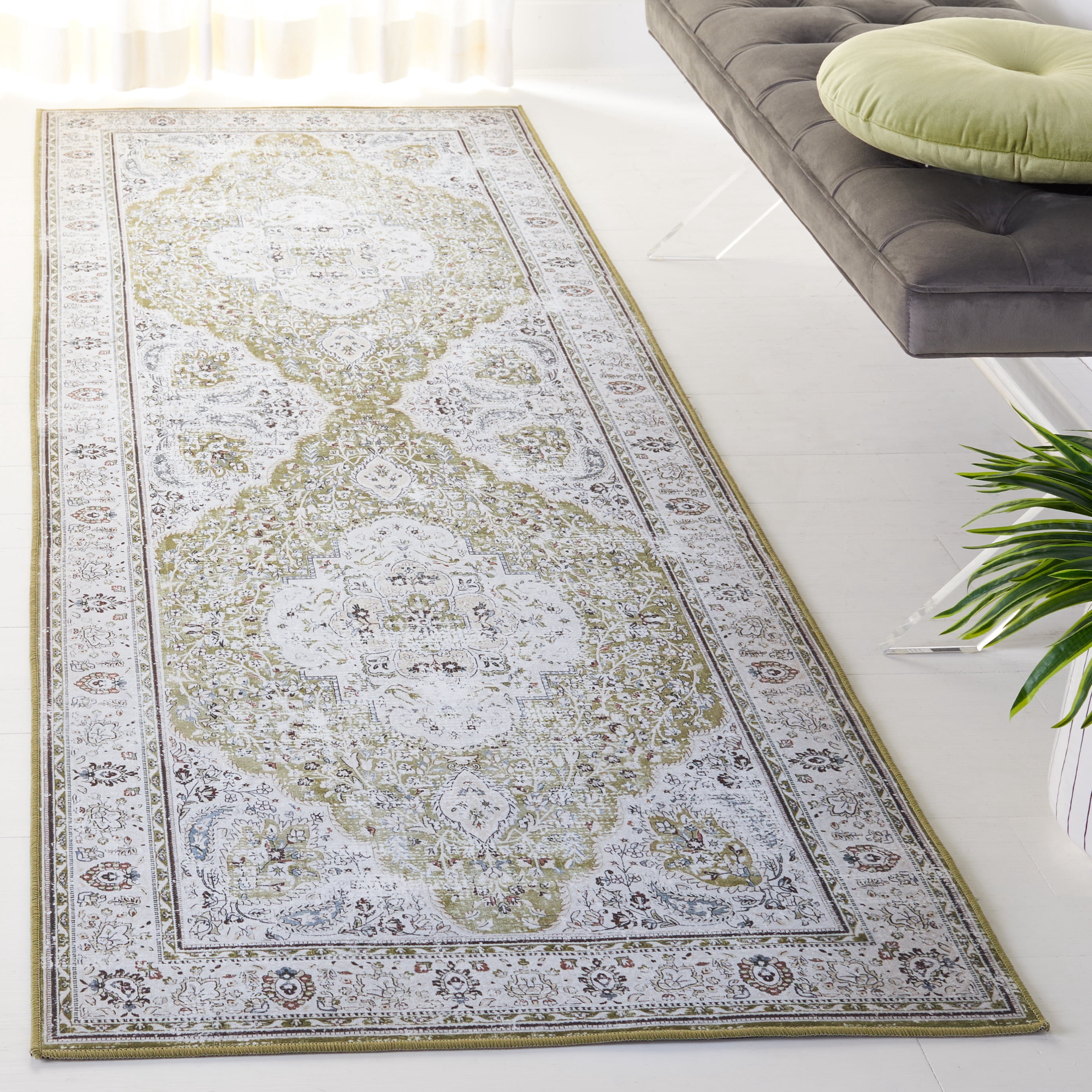 SAFAVIEH Tucson Natalie Oriental Machine Washable Runner Rug, Green/Beige, 2'6" x 6'