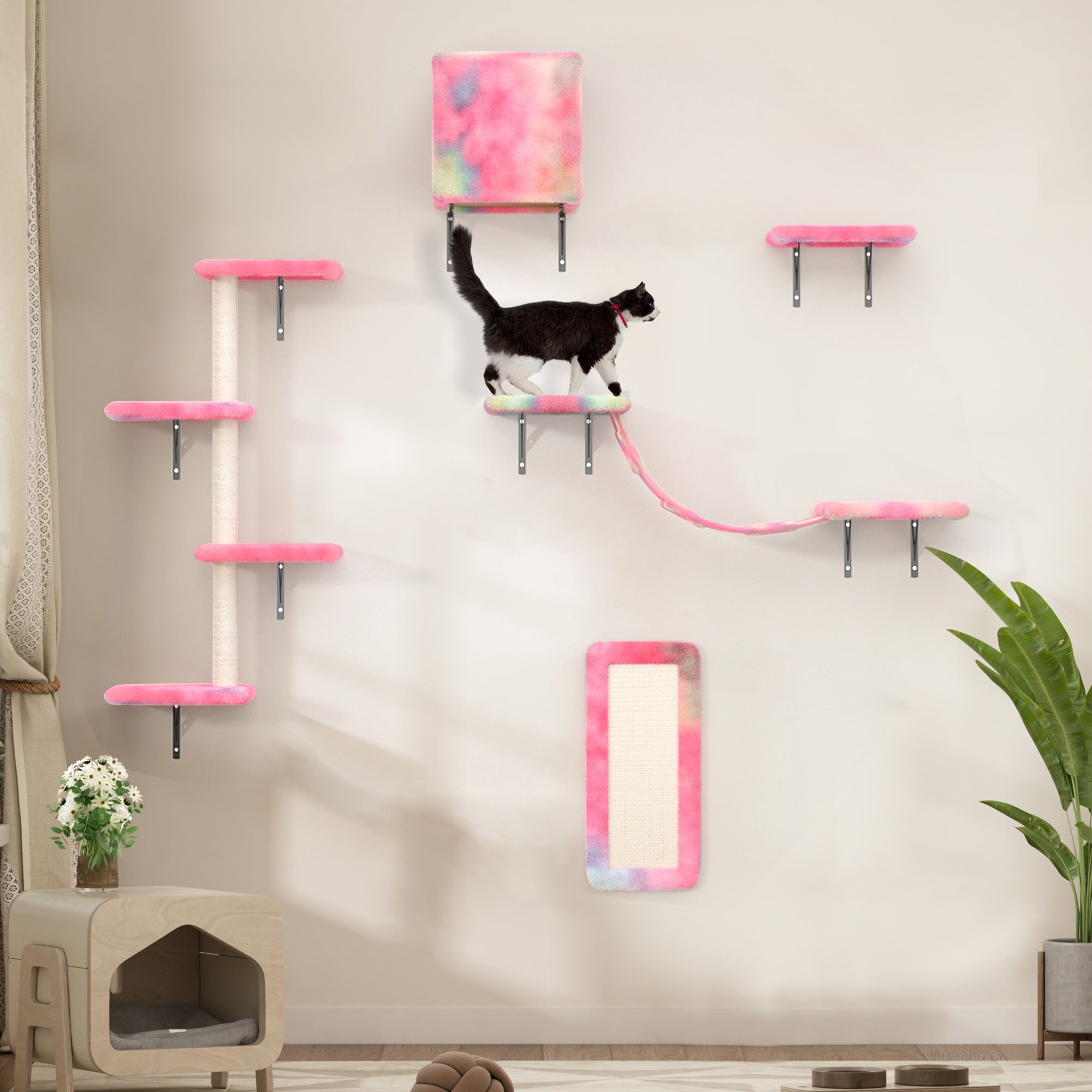 resenkos Cat Wall Shelves and Perches Set for 5, Cat Tower for Adult Cats Mounted Cat Tree House for Large, Indoor Cat Sleeping Playing Lounging Climbing Furniture, Pink
