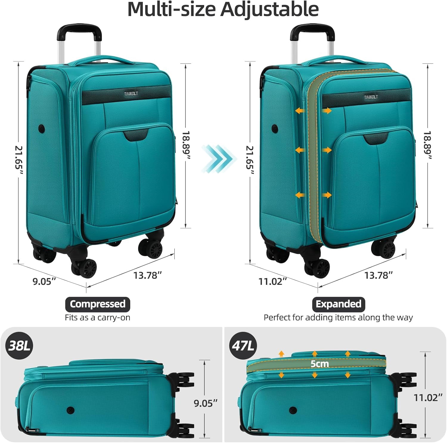 TIAWOLT Carry On Luggage 22x14x9 Airline Approved with Wheels,2-piece Luggage Set,Softside Expandable Luggage Suitcase with TSA Lock&Carry-on UnderSeat travel Duffle Bag,Weekender Bag-Green