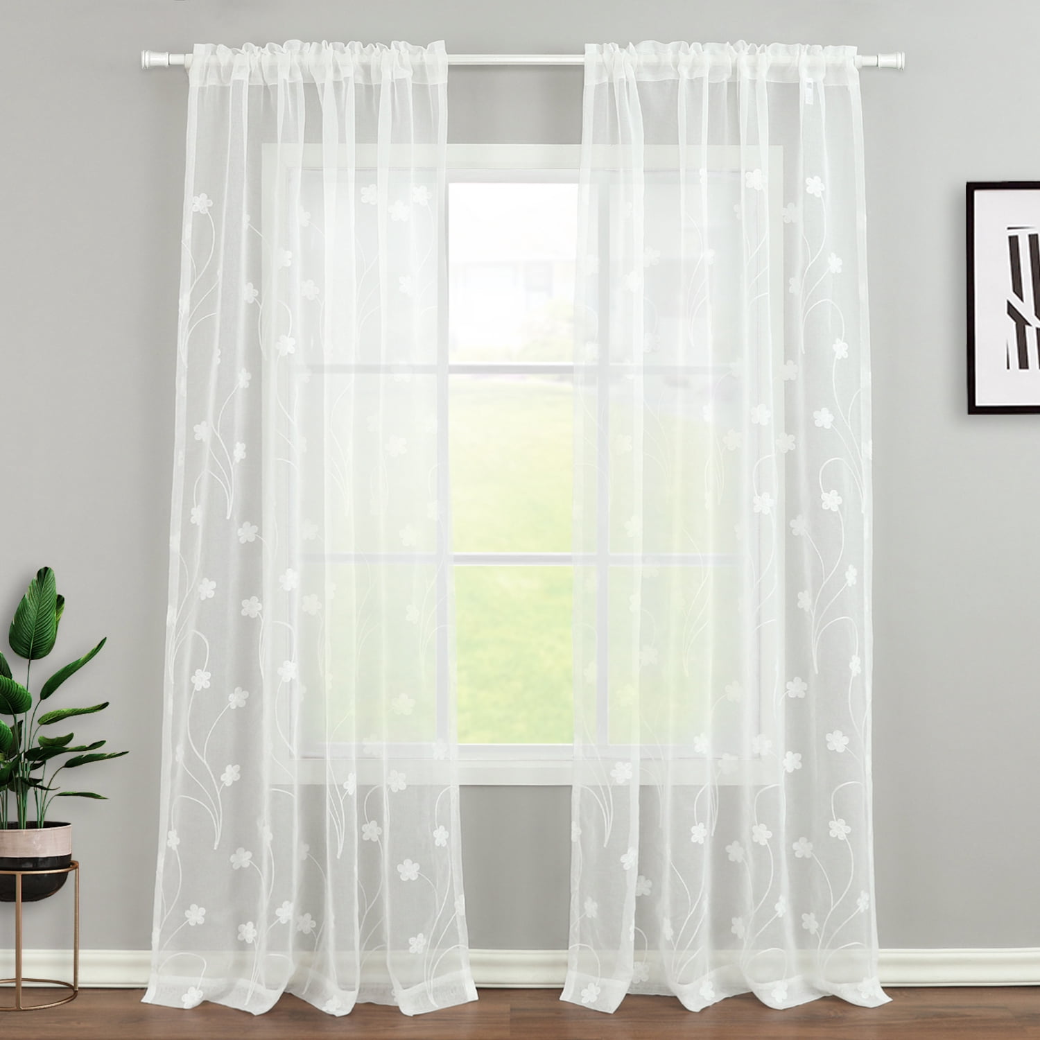 VOGOL Decor White Flower Embroidered Sheer Curtain Panels Set of 2, Farmhouse Airy Voile Sheer for Bedroom, 52x96 inches, Rod Pocket