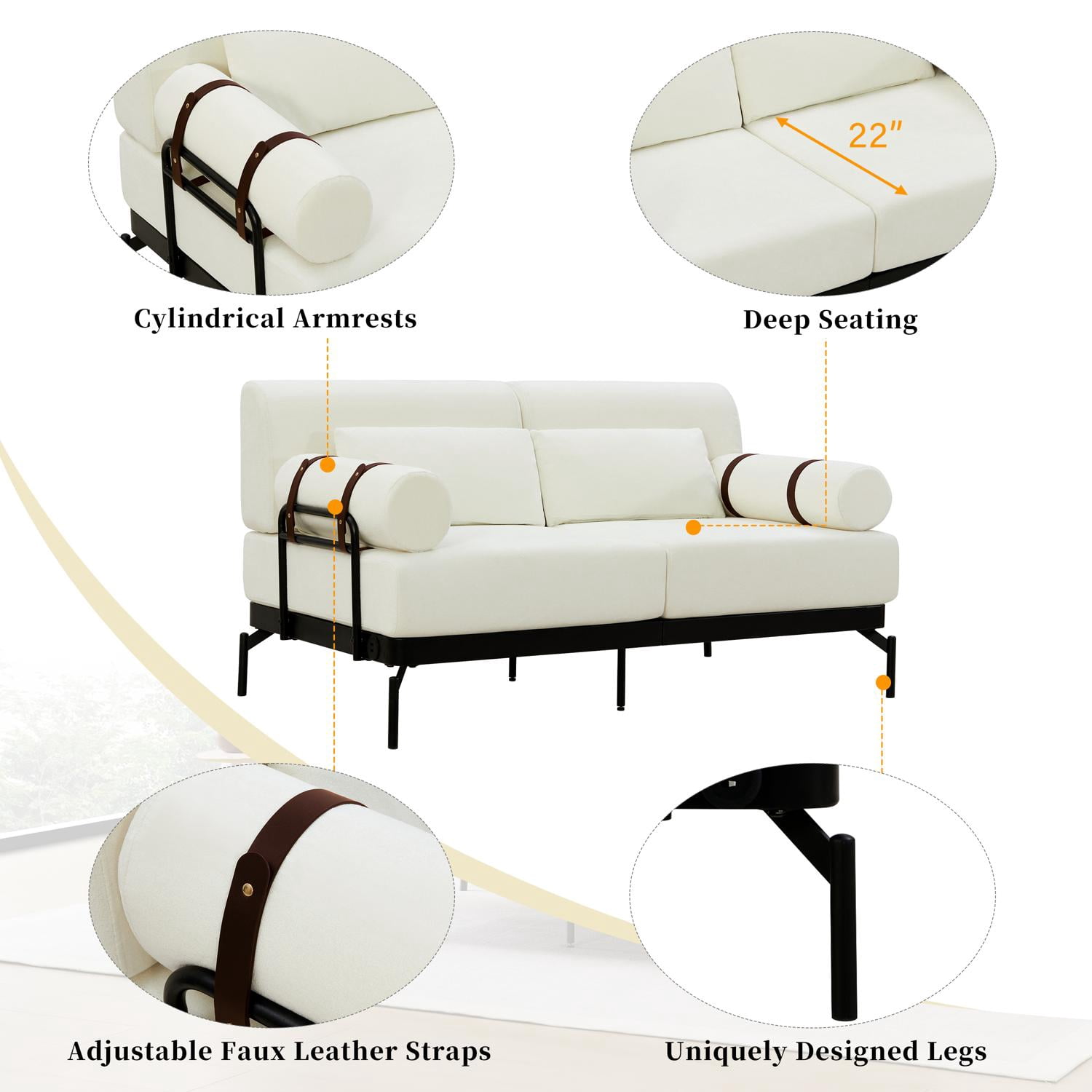 59" Loveseat Sofa with USB Ports,Modern Sofa Couch 2-Seater Sofa with 2 Pillows,Cylindrical Armrests for Living Room Bedroom Apartment,Beige